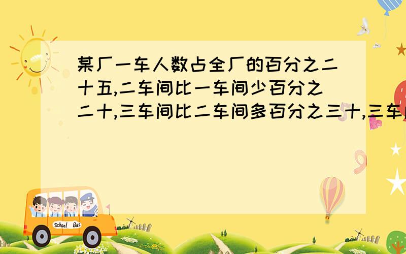 某厂一车人数占全厂的百分之二十五,二车间比一车间少百分之二十,三车间比二车间多百分之三十,三车间156人,全厂共多少人?