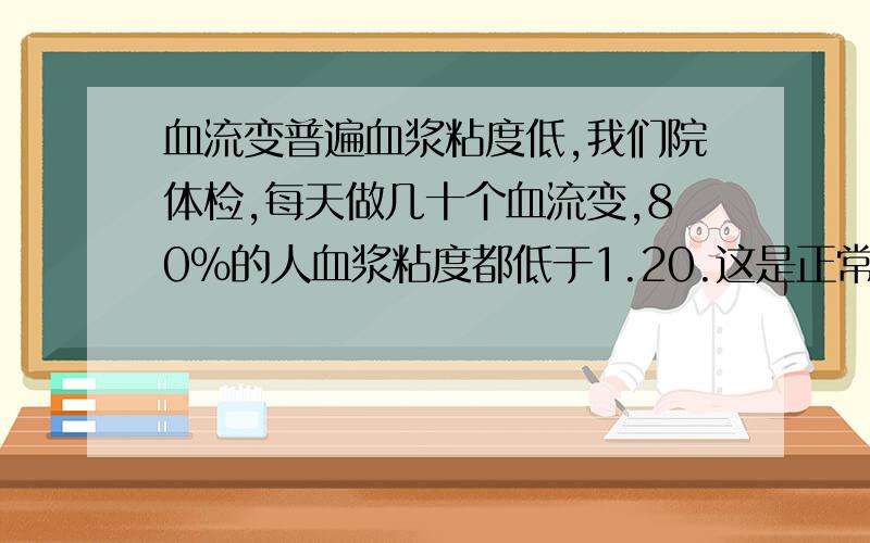 血流变普遍血浆粘度低,我们院体检,每天做几十个血流变,80%的人血浆粘度都低于1.20.这是正常的吗?