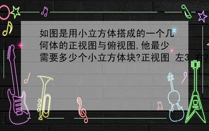 如图是用小立方体搭成的一个几何体的正视图与俯视图,他最少需要多少个小立方体块?正视图 左3 右2 俯视图 左3 右3