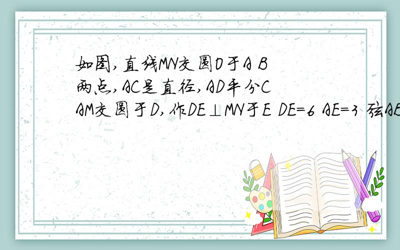 如图,直线MN交圆O于A B两点,AC是直径,AD平分CAM交圆于D,作DE⊥MN于E DE=6 AE=3 弦AB长为连DO 我已证DO是切线 圆半径15/2