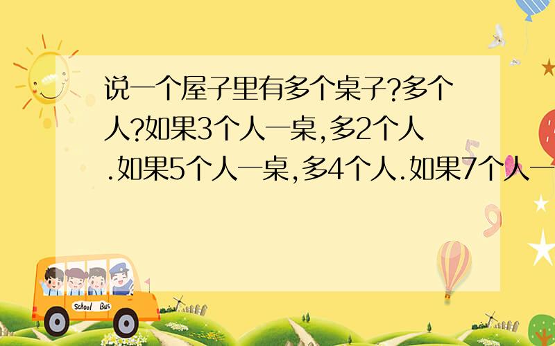 说一个屋子里有多个桌子?多个人?如果3个人一桌,多2个人.如果5个人一桌,多4个人.如果7个人一桌,多6个人.如果9个人一桌,多8个人.如果11个人一桌,正好.请问,这屋子里多少人?请知道的人士,将计