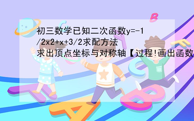 初三数学已知二次函数y=-1/2x2+x+3/2求配方法求出顶点坐标与对称轴【过程!画出函数图象当x取什么值时,y=0,y＞0,＜0