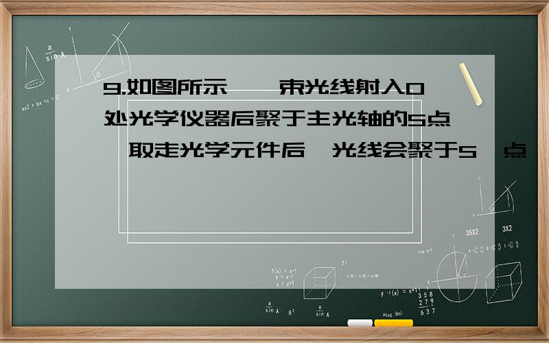 9.如图所示,一束光线射入O处光学仪器后聚于主光轴的S点,取走光学元件后,光线会聚于S'点,则该镜一定是( ) A凸镜    B凹镜    C凸透镜    D凹透镜