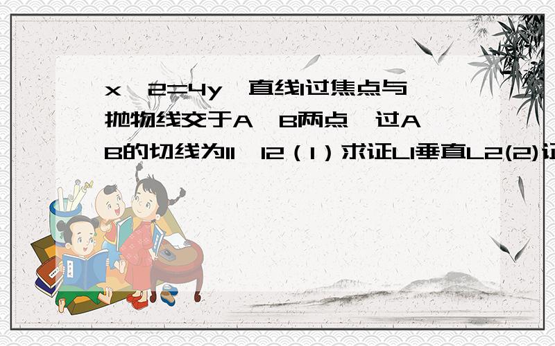 x^2=4y,直线l过焦点与抛物线交于A,B两点,过A,B的切线为l1,l2（1）求证L1垂直L2(2)证明：L1与L2的焦点在准线上