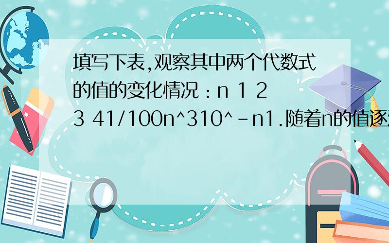 填写下表,观察其中两个代数式的值的变化情况：n 1 2 3 41/100n^310^-n1.随着n的值逐渐变大,这两个代数式的值怎样变化?2.随着n的逐渐增大,那个代数式的值先小于百万分之一