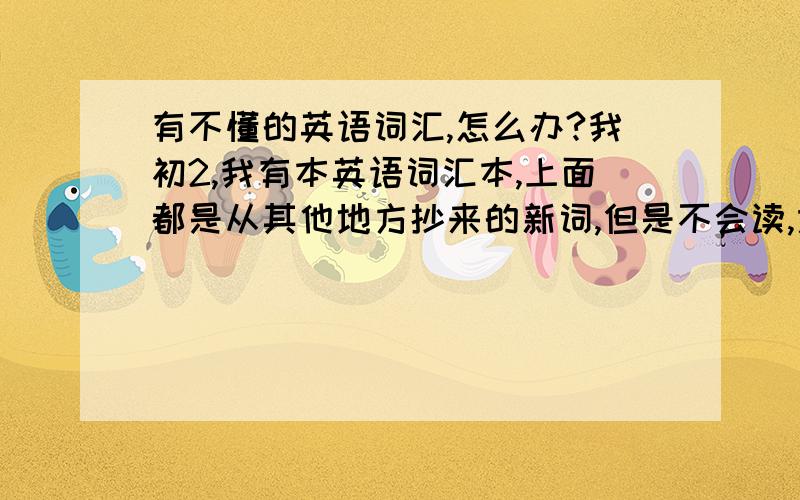 有不懂的英语词汇,怎么办?我初2,我有本英语词汇本,上面都是从其他地方抄来的新词,但是不会读,意思也不懂,怎么办?