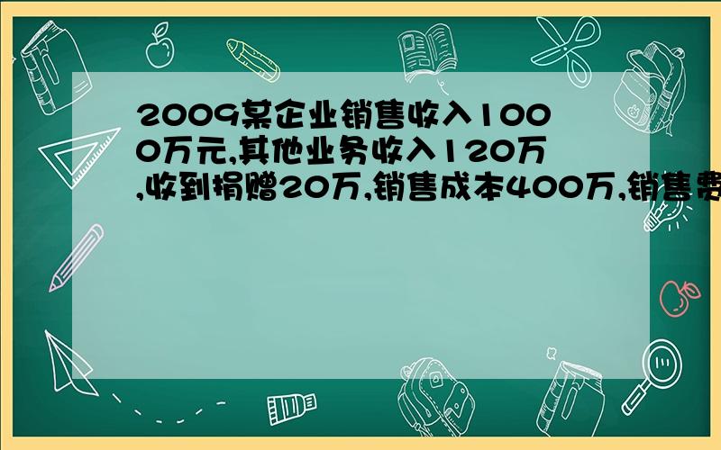 2009某企业销售收入1000万元,其他业务收入120万,收到捐赠20万,销售成本400万,销售费用70万,管理费用20万（其中研发专利支出10万）,营业外支出5万（其中工商部门罚款1万）,增值税缴纳180万,营