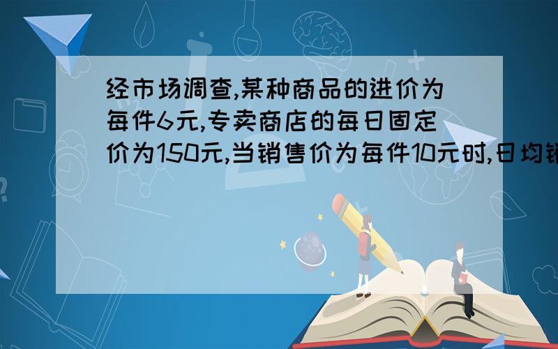 经市场调查,某种商品的进价为每件6元,专卖商店的每日固定价为150元,当销售价为每件10元时,日均销售量为100件.单价每件减低1元.日均销售量增加40件.设单价为x元时的日均毛利润为y元.