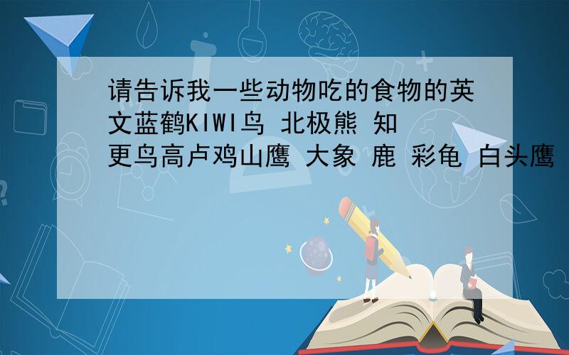 请告诉我一些动物吃的食物的英文蓝鹤KIWI鸟 北极熊 知更鸟高卢鸡山鹰 大象 鹿 彩龟 白头鹰 有重赏!