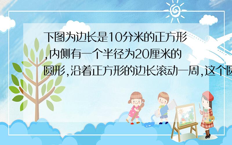 下图为边长是10分米的正方形,内侧有一个半径为20厘米的圆形,沿着正方形的边长滚动一周,这个圆的圆心所经过的总路程是多少厘米?