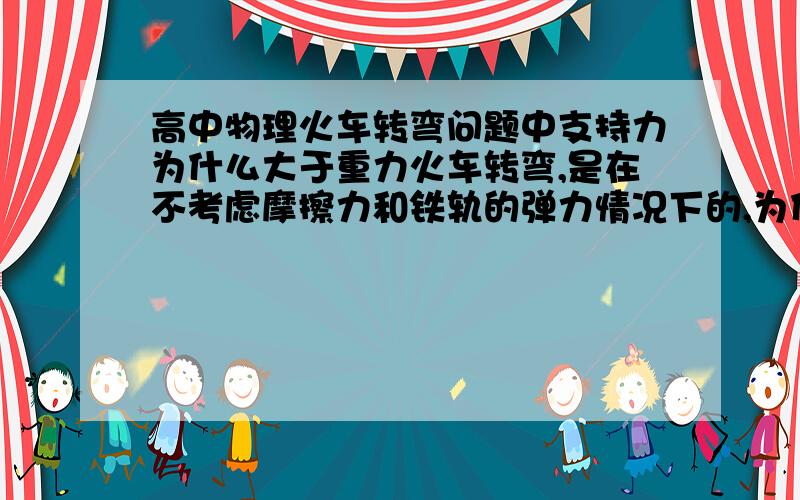 高中物理火车转弯问题中支持力为什么大于重力火车转弯,是在不考虑摩擦力和铁轨的弹力情况下的,为什么支持力大于重力啊?另外,在斜面上的物体,重力垂直斜面向下的分力是等于支持力的