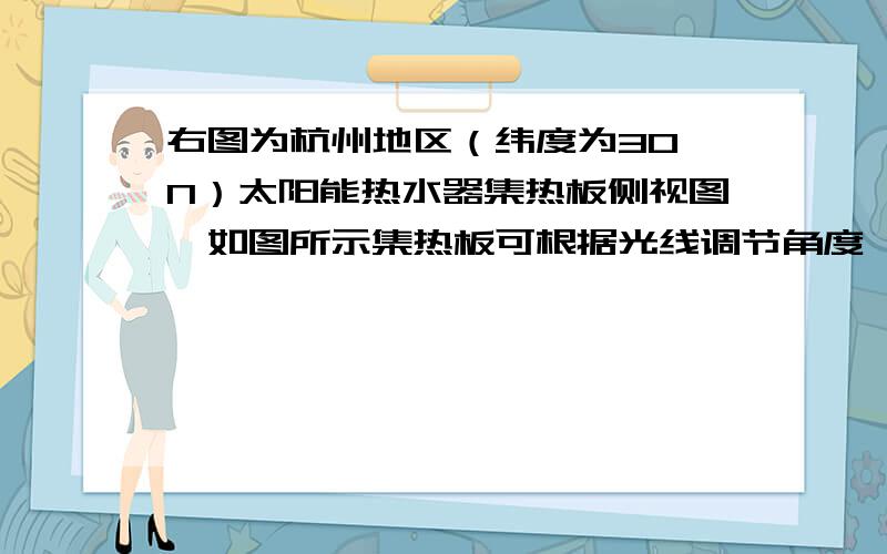 右图为杭州地区（纬度为30°N）太阳能热水器集热板侧视图,如图所示集热板可根据光线调节角度,哪个正确 A 冬至日α约为47.5°  B 夏至日α约为83.5° C 春秋分日α约为60°   D α的调节范围是47