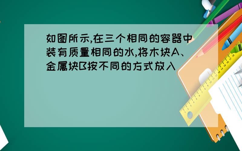 如图所示,在三个相同的容器中装有质量相同的水,将木块A、金属块B按不同的方式放入