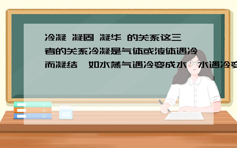 冷凝 凝固 凝华 的关系这三者的关系冷凝是气体或液体遇冷而凝结,如水蒸气遇冷变成水,水遇冷变成冰.凝固是液态变为固态的过程凝华是气态直接变为固态的过程.有什么关系.冷凝不就是凝