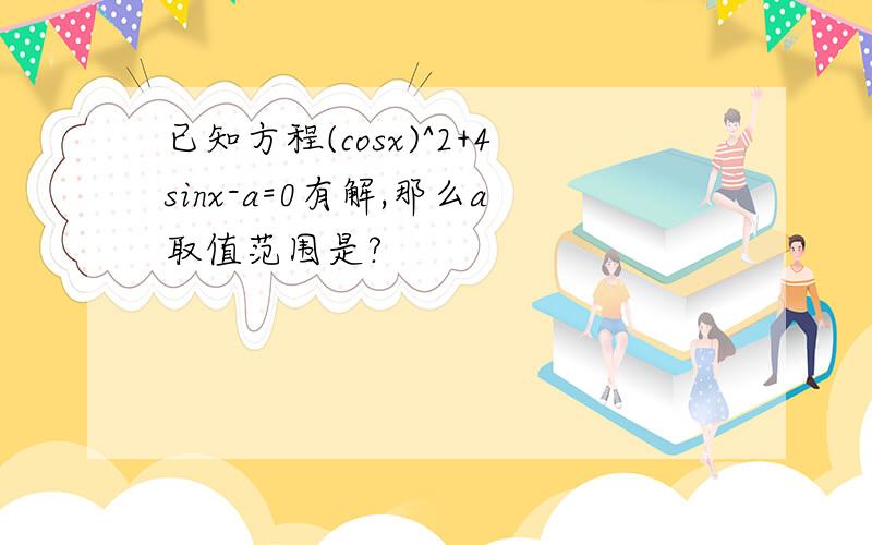 已知方程(cosx)^2+4sinx-a=0有解,那么a取值范围是?