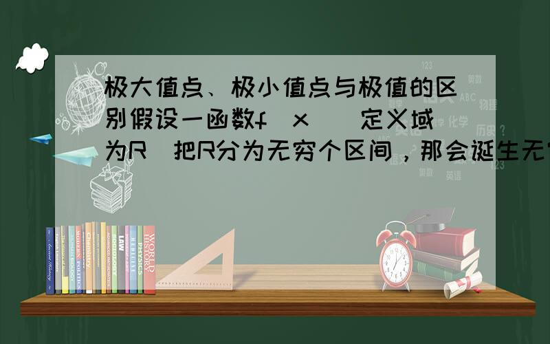 极大值点﹑极小值点与极值的区别假设一函数f（x）（定义域为R）把R分为无穷个区间，那会诞生无穷个极值点不太对啊