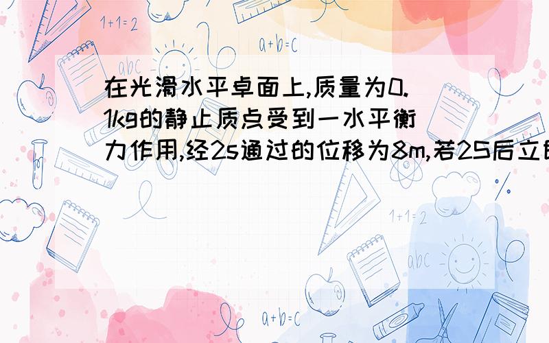 在光滑水平卓面上,质量为0.1kg的静止质点受到一水平衡力作用,经2s通过的位移为8m,若2S后立即撤去这一恒力在光滑水平卓面上,质量为0.1kg的静止质点受到一水平衡力作用,经2s通过的位移为8m,