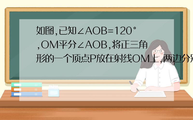 如图,已知∠AOB=120°,OM平分∠AOB,将正三角形的一个顶点P放在射线OM上,两边分别与OA、OB交于点C、D．（1）如图①若边PC和OA垂直,那么线段PC和PD相等吗?为什么?（2）如图②将正三角形绕P点转过