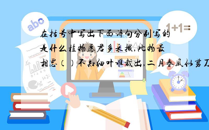 在括号中写出下面诗句分别写的是什么植物愿君多采撷,此物最相思（）不知细叶谁裁出,二月春风似剪刀（）出淤泥而不染,濯清涟而不妖（）咬定青山不放松,立根原在破岩中（）