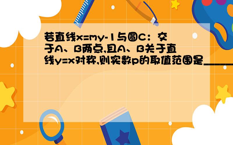 若直线x=my-1与圆C：交于A、B两点,且A、B关于直线y=x对称,则实数p的取值范围是__________.