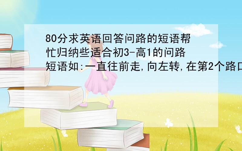 80分求英语回答问路的短语帮忙归纳些适合初3-高1的问路短语如:一直往前走,向左转,在第2个路口转右.那建筑物在你右边,一直走的**路这一类的短语别复制一堆给我.全是复制流的话我宁愿封