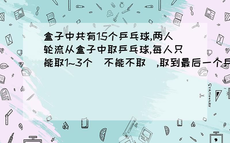 盒子中共有15个乒乓球,两人轮流从盒子中取乒乓球,每人只能取1~3个（不能不取）,取到最后一个乒乓球的人获胜.如果让你先取,为了确保获胜,你第一次会取几个?接下来你会怎么取?