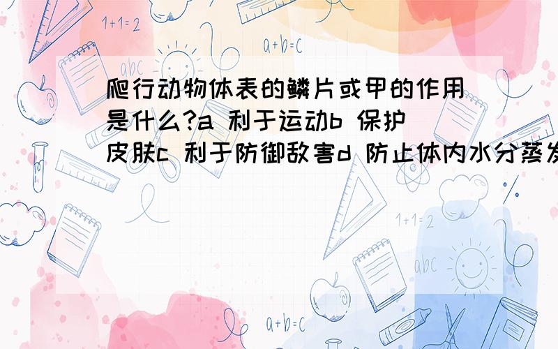 爬行动物体表的鳞片或甲的作用是什么?a 利于运动b 保护皮肤c 利于防御敌害d 防止体内水分蒸发并保护作用