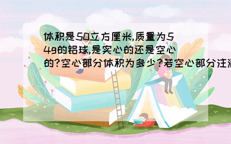 体积是50立方厘米,质量为54g的铝球,是实心的还是空心的?空心部分体积为多少?若空心部分注满水银,总质量为多少?（水银的密度是13.6×1000kg/立方米 铝的密度是2.7×1000kg/立方米)