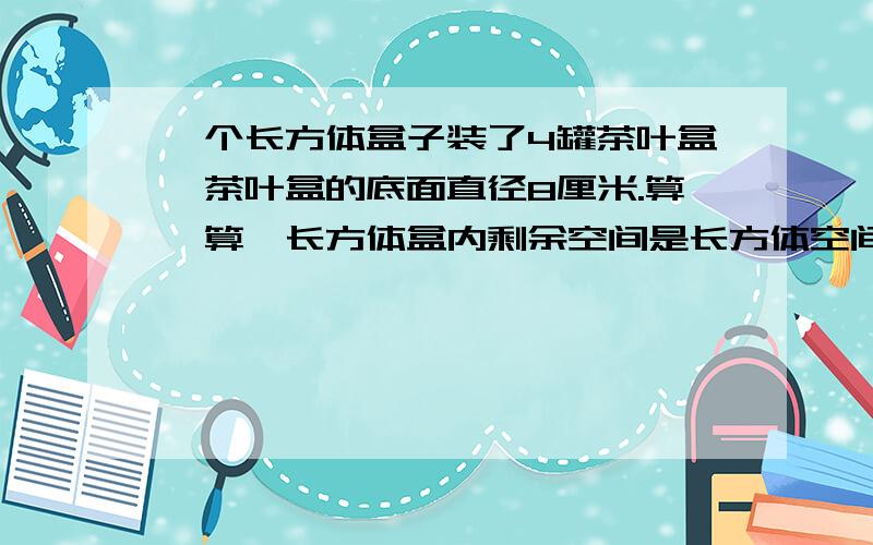 一个长方体盒子装了4罐茶叶盒,茶叶盒的底面直径8厘米.算一算,长方体盒内剩余空间是长方体空间的百分之几?六年下期中检测数学题