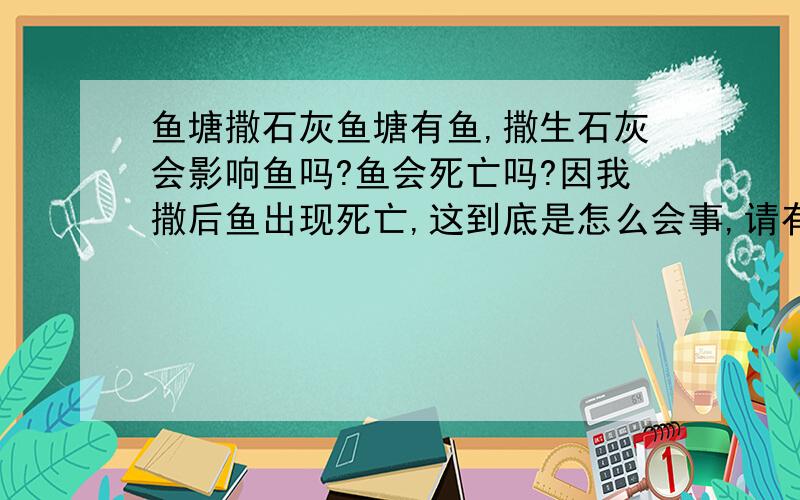 鱼塘撒石灰鱼塘有鱼,撒生石灰会影响鱼吗?鱼会死亡吗?因我撒后鱼出现死亡,这到底是怎么会事,请有经验者指点一二,