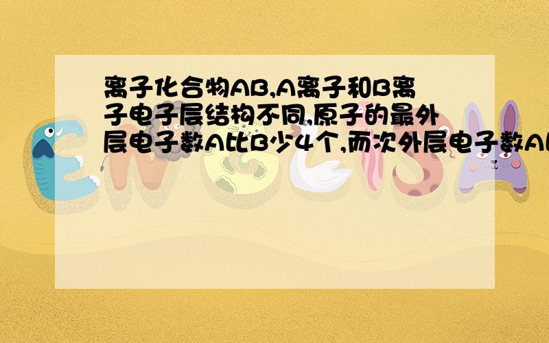 离子化合物AB,A离子和B离子电子层结构不同,原子的最外层电子数A比B少4个,而次外层电子数A比B多6个,...离子化合物AB,A离子和B离子电子层结构不同,原子的最外层电子数A比B少4个,而次外层电子