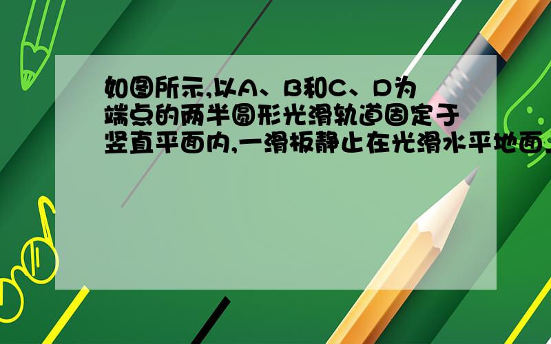 如图所示,以A、B和C、D为端点的两半圆形光滑轨道固定于竖直平面内,一滑板静止在光滑水平地面上,左端紧靠B点,上表面所在平面与两半圆分别相切于B、C．一物块被轻放在水平匀速运动的传