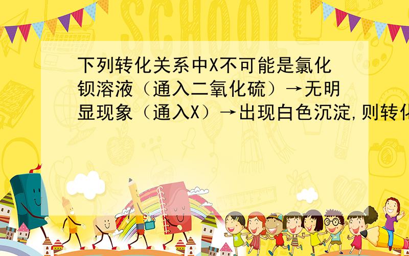 下列转化关系中X不可能是氯化钡溶液（通入二氧化硫）→无明显现象（通入X）→出现白色沉淀,则转化关系中X不可能是：A.NH3 B.NO2 C.CO2 D.CI2