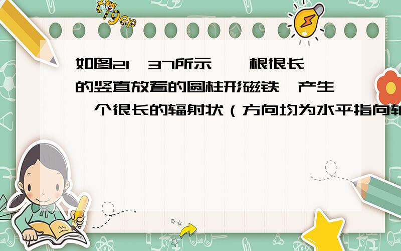 如图21—37所示,一根很长的竖直放置的圆柱形磁铁,产生一个很长的辐射状（方向均为水平指向轴外）磁场,一个与其同轴的圆形铝环,环半经为R,在磁场中由静止开始下落,设下落过程中环面呈