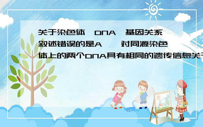 关于染色体,DNA,基因关系叙述错误的是A,一对同源染色体上的两个DNA具有相同的遗传信息关于染色体,DNA,基因关系叙述错误的是 A,一对同源染色体上的两个DNA具有相同的遗传信息 B,一对同源染