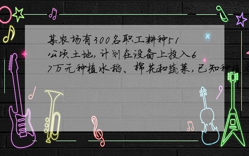 某农场有300名职工耕种51公顷土地,计划在设备上投入67万元种植水稻、棉花和蔬菜,已知种植各种植物每公顷所需劳力人数及投入的资金如下表：（1）若设种植水稻x公顷,棉花y公顷,则种植蔬