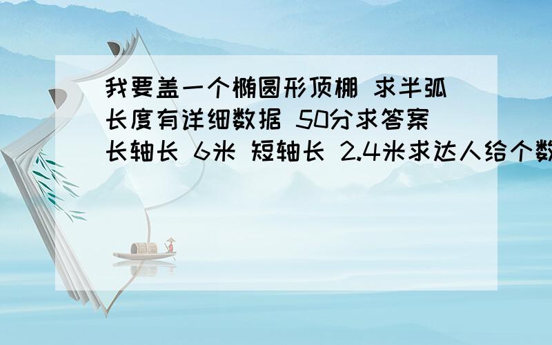 我要盖一个椭圆形顶棚 求半弧长度有详细数据 50分求答案长轴长 6米 短轴长 2.4米求达人给个数谢谢了