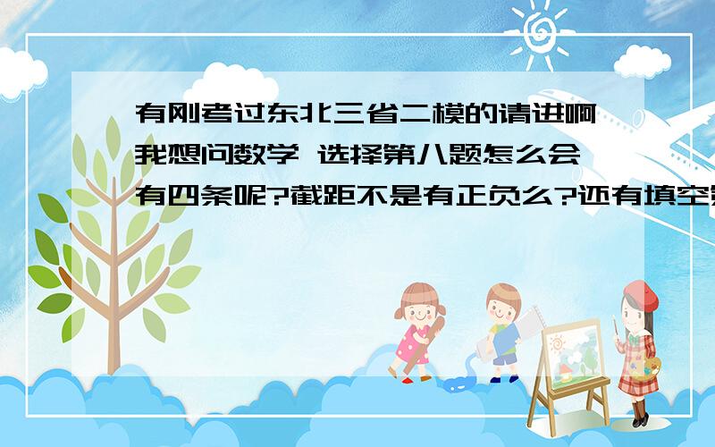 有刚考过东北三省二模的请进啊我想问数学 选择第八题怎么会有四条呢?截距不是有正负么?还有填空第16个,④怎么会对呢?还有选择第12个,咋回事啊?