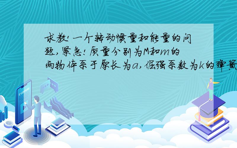 求教!一个转动惯量和能量的问题,紧急!质量分别为M和m的两物体系于原长为a,倔强系数为k的弹簧的两端,并放在光滑水平桌面上,现使M活得一与弹簧垂直的速度v,是证明：若v=3a√（k/2μ）,其中μ