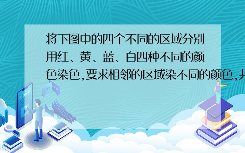 将下图中的四个不同的区域分别用红、黄、蓝、白四种不同的颜色染色,要求相邻的区域染不同的颜色,共有多少种不同的染色方法?