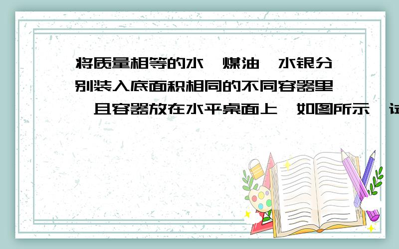 将质量相等的水、煤油、水银分别装入底面积相同的不同容器里,且容器放在水平桌面上,如图所示,试比较三容器底部受到液体压强的大小关系