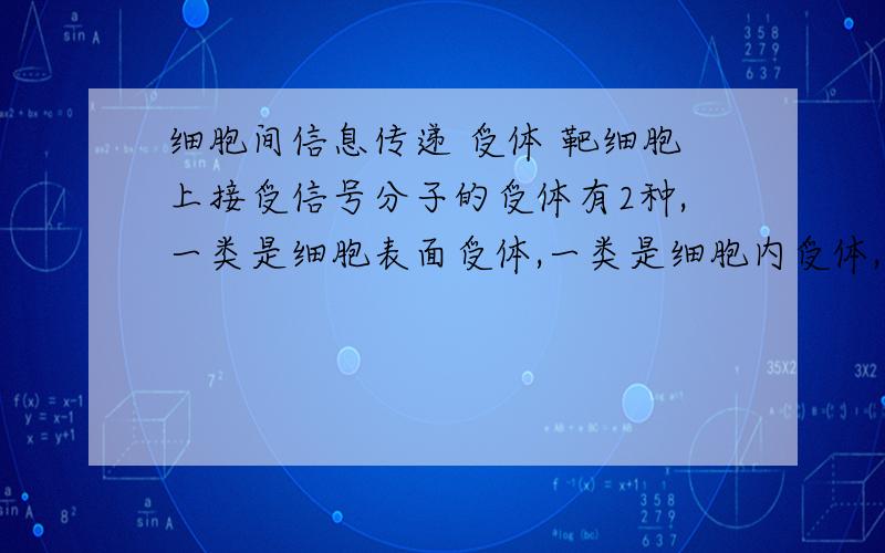 细胞间信息传递 受体 靶细胞上接受信号分子的受体有2种,一类是细胞表面受体,一类是细胞内受体,这与细胞膜的特性以及信号分子的化学性质有关,下列属于信号分子的是 a唾液淀粉酶 b 性激