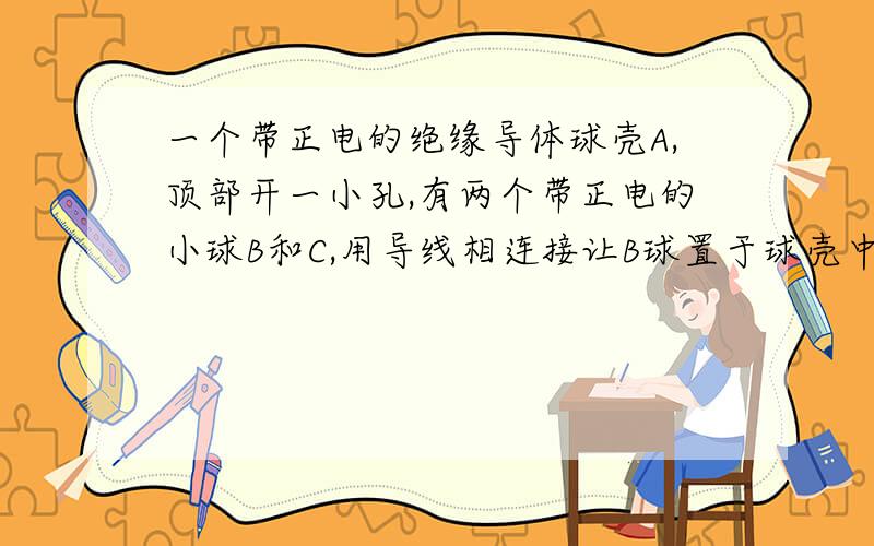 一个带正电的绝缘导体球壳A,顶部开一小孔,有两个带正电的小球B和C,用导线相连接让B球置于球壳中,并与内表面接触一下后又提起到如图所示位置,C离A球较远,则正确的说法是 A．B、C球都带电