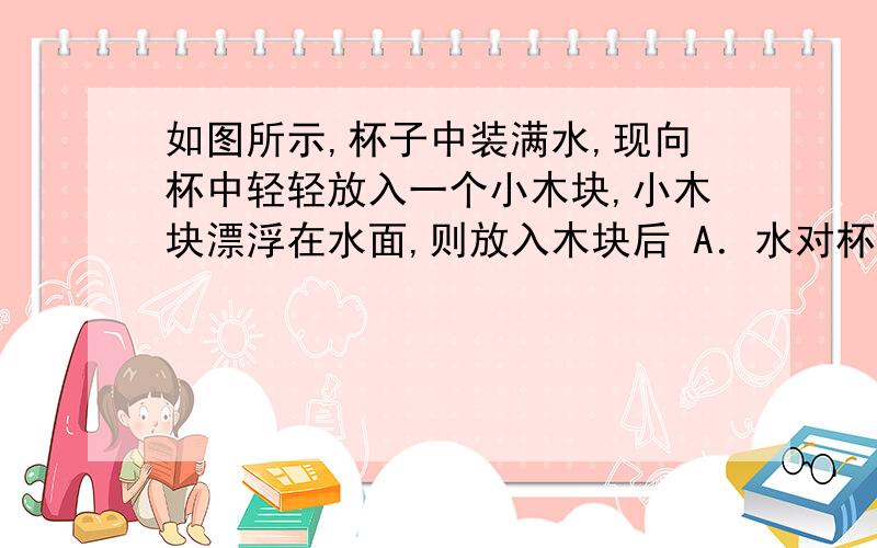 如图所示,杯子中装满水,现向杯中轻轻放入一个小木块,小木块漂浮在水面,则放入木块后 A．水对杯底的压如图所示,杯子中装满水,现向杯中轻轻放入一个小木块,小木块漂浮在水面,则放入木块