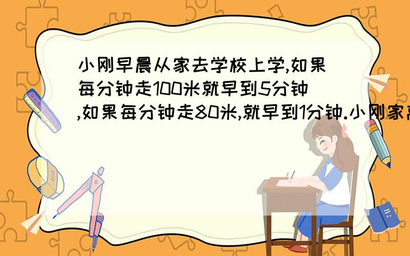 小刚早晨从家去学校上学,如果每分钟走100米就早到5分钟,如果每分钟走80米,就早到1分钟.小刚家离学校有多远?算式方法,好理解的