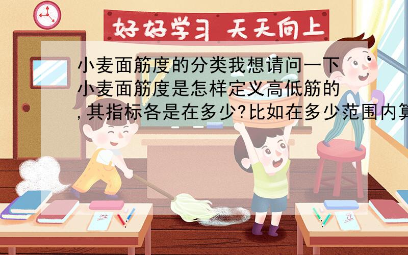 小麦面筋度的分类我想请问一下小麦面筋度是怎样定义高低筋的,其指标各是在多少?比如在多少范围内算高筋?多少范围算低筋?