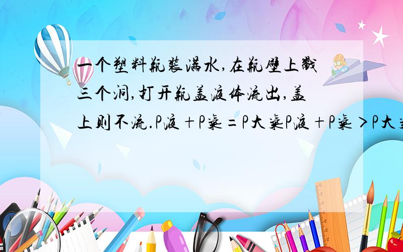 一个塑料瓶装满水,在瓶壁上戳三个洞,打开瓶盖液体流出,盖上则不流.P液+P气=P大气P液+P气＞P大气P液+P气＜P大气液体怎么流