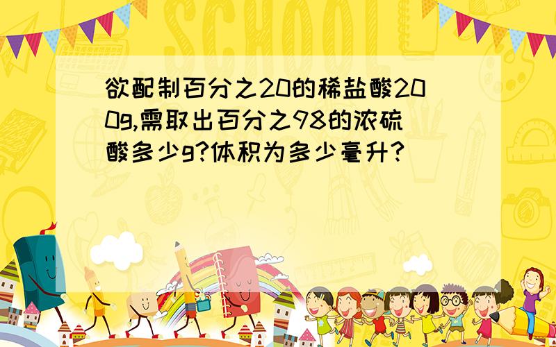 欲配制百分之20的稀盐酸200g,需取出百分之98的浓硫酸多少g?体积为多少毫升?