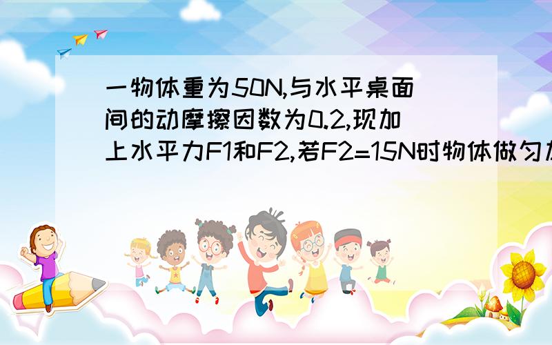 一物体重为50N,与水平桌面间的动摩擦因数为0.2,现加上水平力F1和F2,若F2=15N时物体做匀加速直线运动,则F1的值可能是（g=10m/s2）