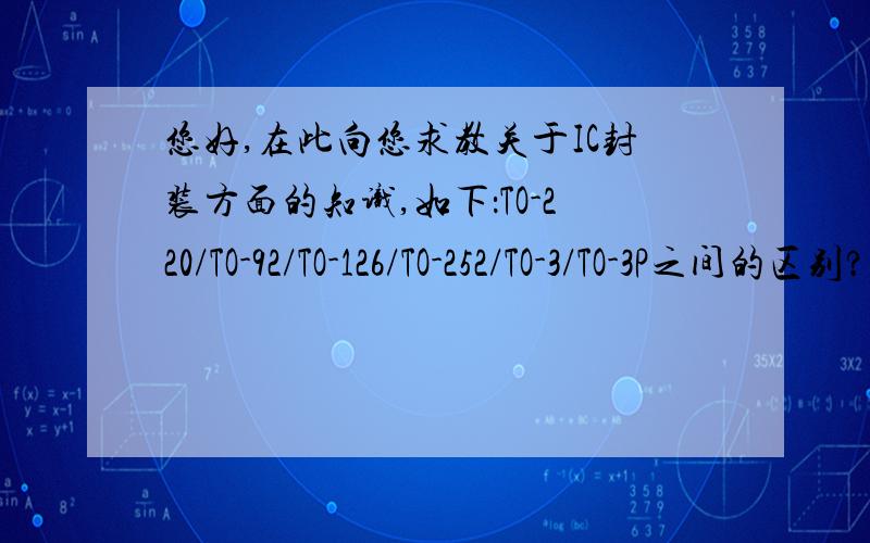 您好,在此向您求教关于IC封装方面的知识,如下：TO-220/TO-92/TO-126/TO-252/TO-3/TO-3P之间的区别?谢谢